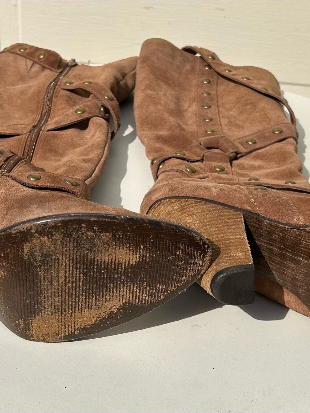 Women’s Brown Suede Studded Knee-High Boots - Picture 3 of 3